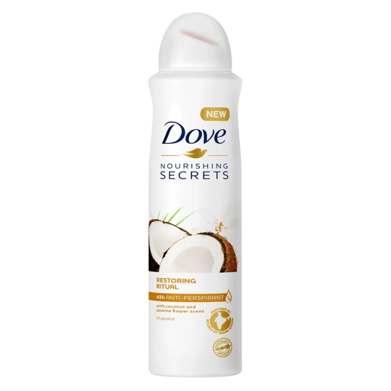 dove-nourishing-secrets-restoring-ritual-coconut-and-jasmine-antiperspirant-spray اسپری ضدتعریق داو نارگیل و یاس مدل Nourishing Secretsحجم 250 میلیلیتر