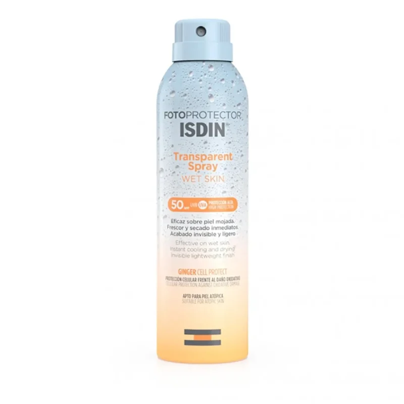 fotoprotector-isdin-transparent-spray-wet-skin-spf-50 اسپری ضدآفتاب ایزدین مدل transparent spray spf50 حجم 250میل