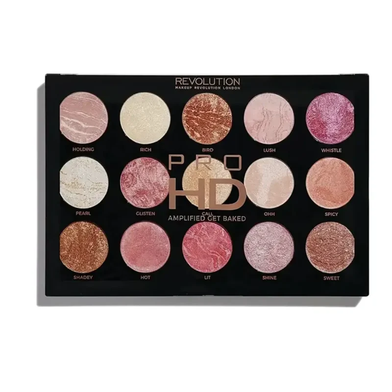 revolution-highlighter-blush-palette-pro-hd-get-baked-15-colors پالت رژگونه هايلايتر رولوشن مدل PRO HD GET BAKED (15 رنگ)