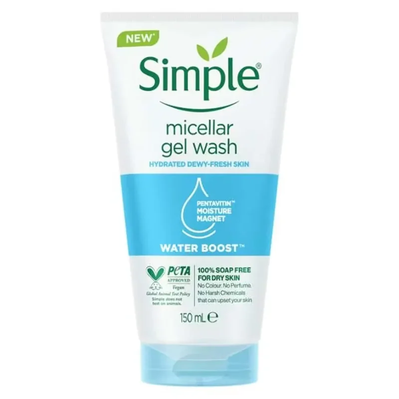 simple-micellar-facial-gel-wash-for-dry-and-sensitive-skin-150-ml ژل شستشو صورت سيمپل مدل micellar facial gel wash پوست خشك و حساس 150 ميل