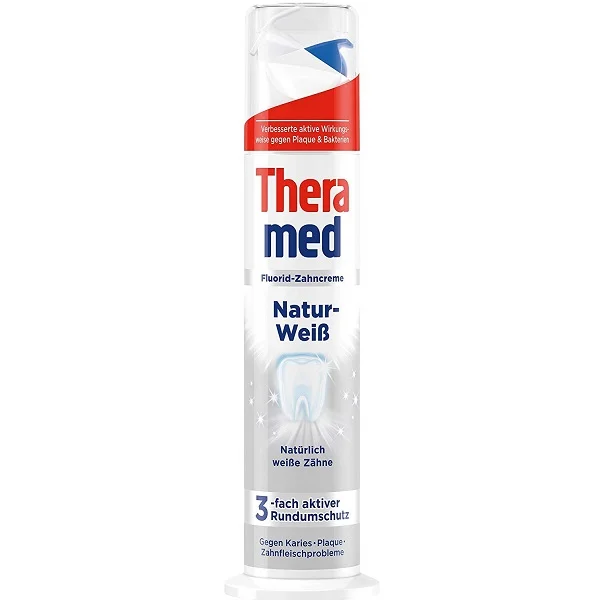 Theramed-Natur-Waib-whitening-toothpaste-1 خمیردندان پمپی سفید کننده ترامد مدل Naturweiss حجم 100میل - Image 1